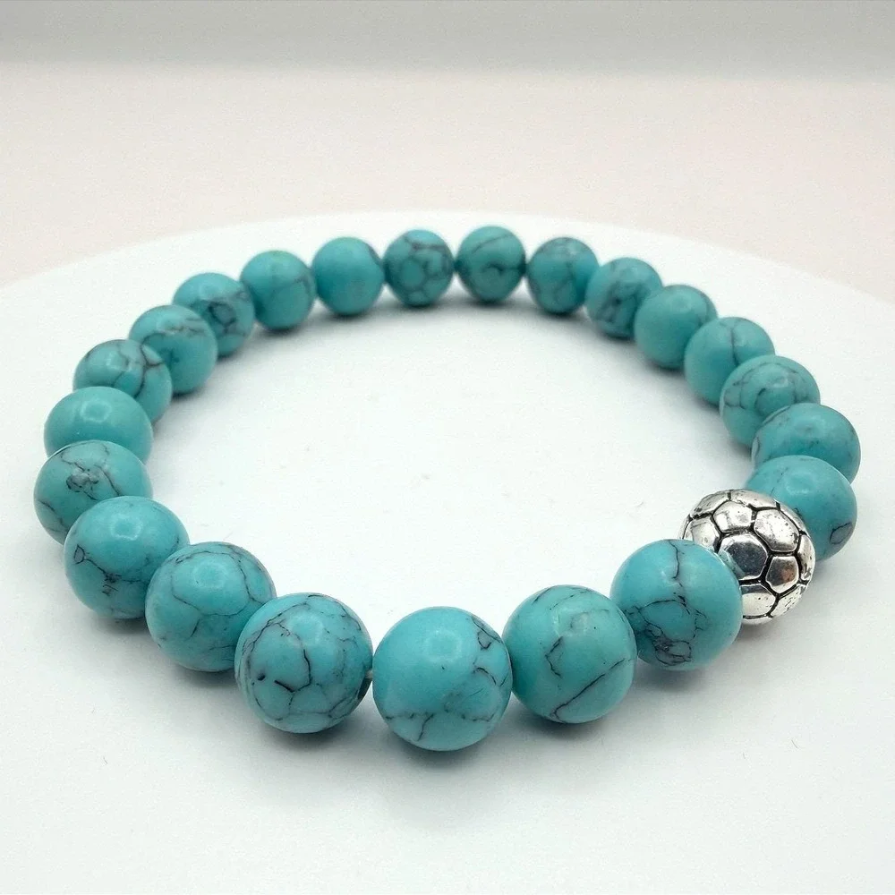 Vintage‎ 80s Howlite Beaded Bracelet Silver Tone Soccer Ball Charm Mens Jewelry